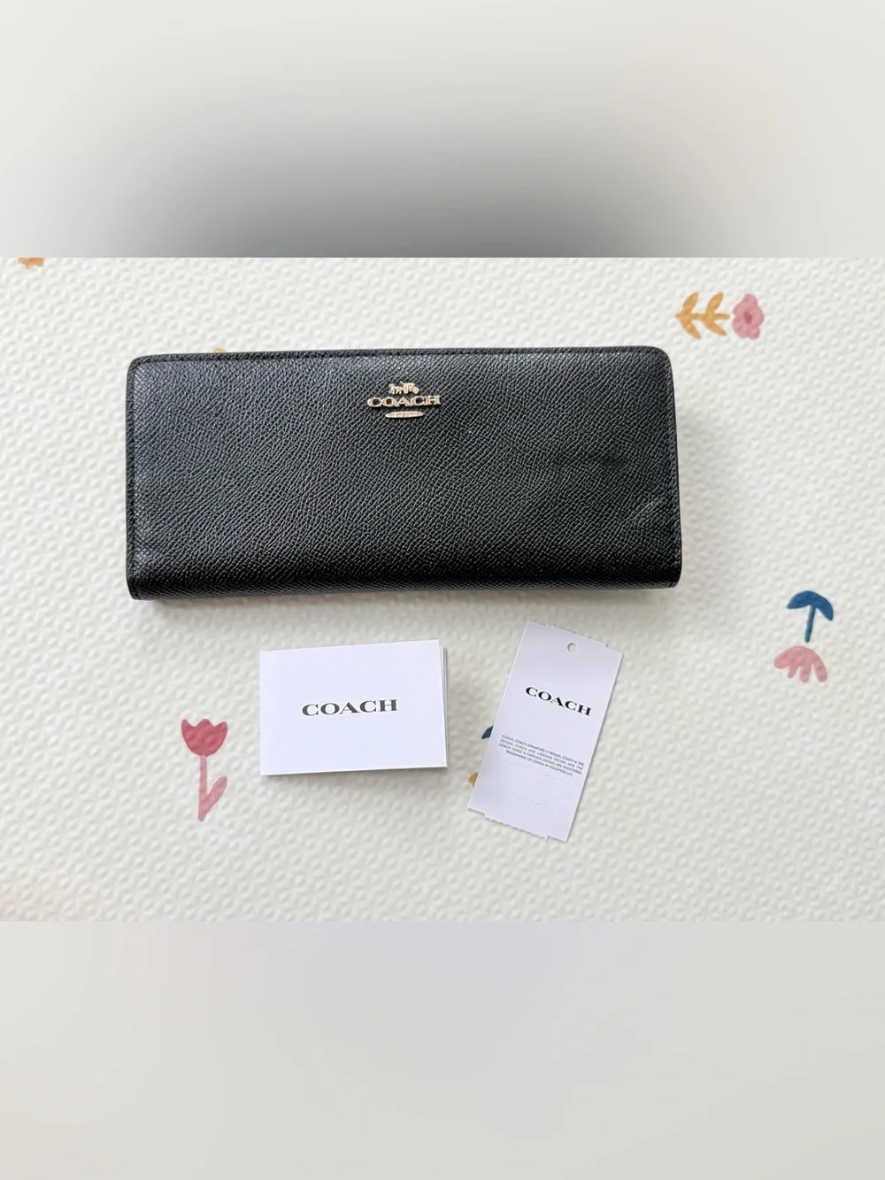 Coach Black Leather Continental Button Wallet with Gold Logo